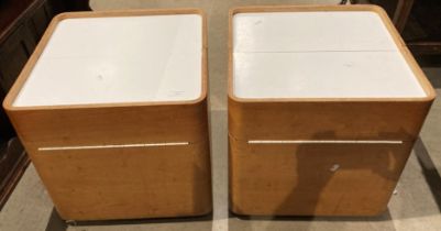 Two plywood and white laminate mobile sewing/painters work boxes with hinged lids,