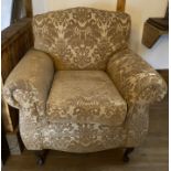 Figured gold brocade armchair on cabriole legs (Location: Carlinghow Mills, Batley,