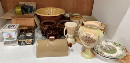 Contents to part of rack - fourteen assorted ceramic and glazed items including a Crown Devon vase,