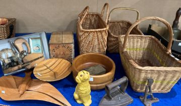 Three wicker baskets, bowl made from New Zealand timbers, treen circular bowl, small Ceylon tea box,