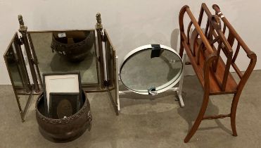 Six items - triple brass framed dressing table mirror, copper bowl,