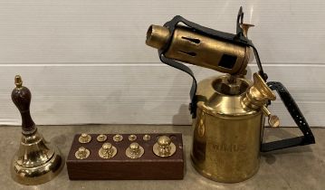 Three brass items - Primus manual blow/heat gun,