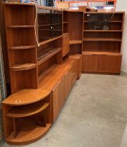 Mid century teak Mcintosh four piece wall unit including six shelf end unit,