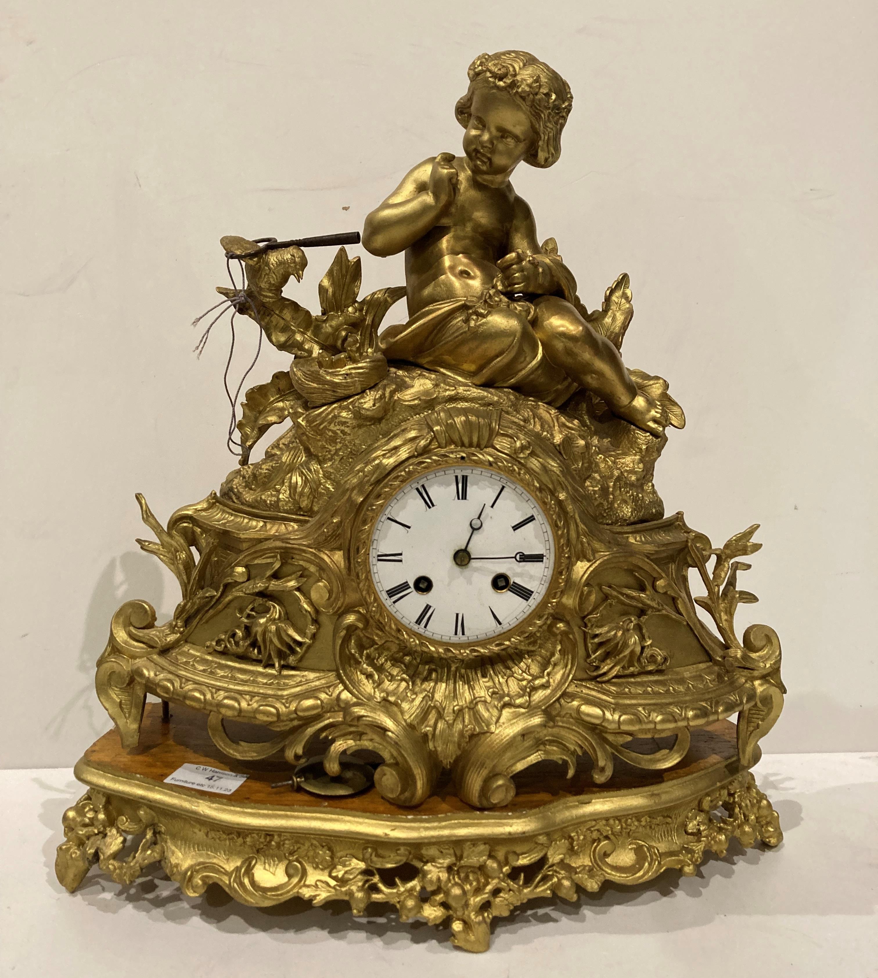 A gilt finish figural mantel clock surmounted by a young girl and mounted on plinth - 45cm high - Image 6 of 9