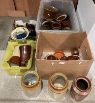 Contents to four boxes - assorted stoneware glazed items including flour pots, tea pots,