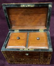 A mahogany casket shaped tea caddy with inlay 18 x 11 x 14cm high (no key) (saleroom location:
