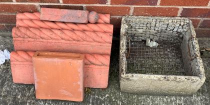 Concrete planter and four terracotta path edging kerbs (saleroom location: outside)