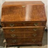 Burr walnut drop front four drawer bureau with brass handles and brown tooled leather insert with