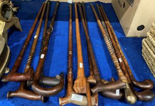 A collection of twelve wooden walking sticks