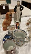 Reproduction Staffordshire figure of Moody, small Staffordshire style spaniel, miniature toby jug,