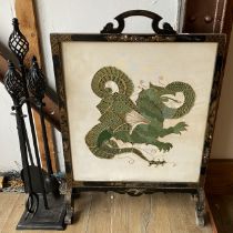 Four piece iron fireside companion set and a wood framed oriental tapestry firescreen 91cm high