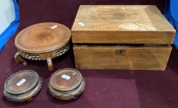 Mahogany writing box (badly stained and faded) containing a number of packs of cards and three hard