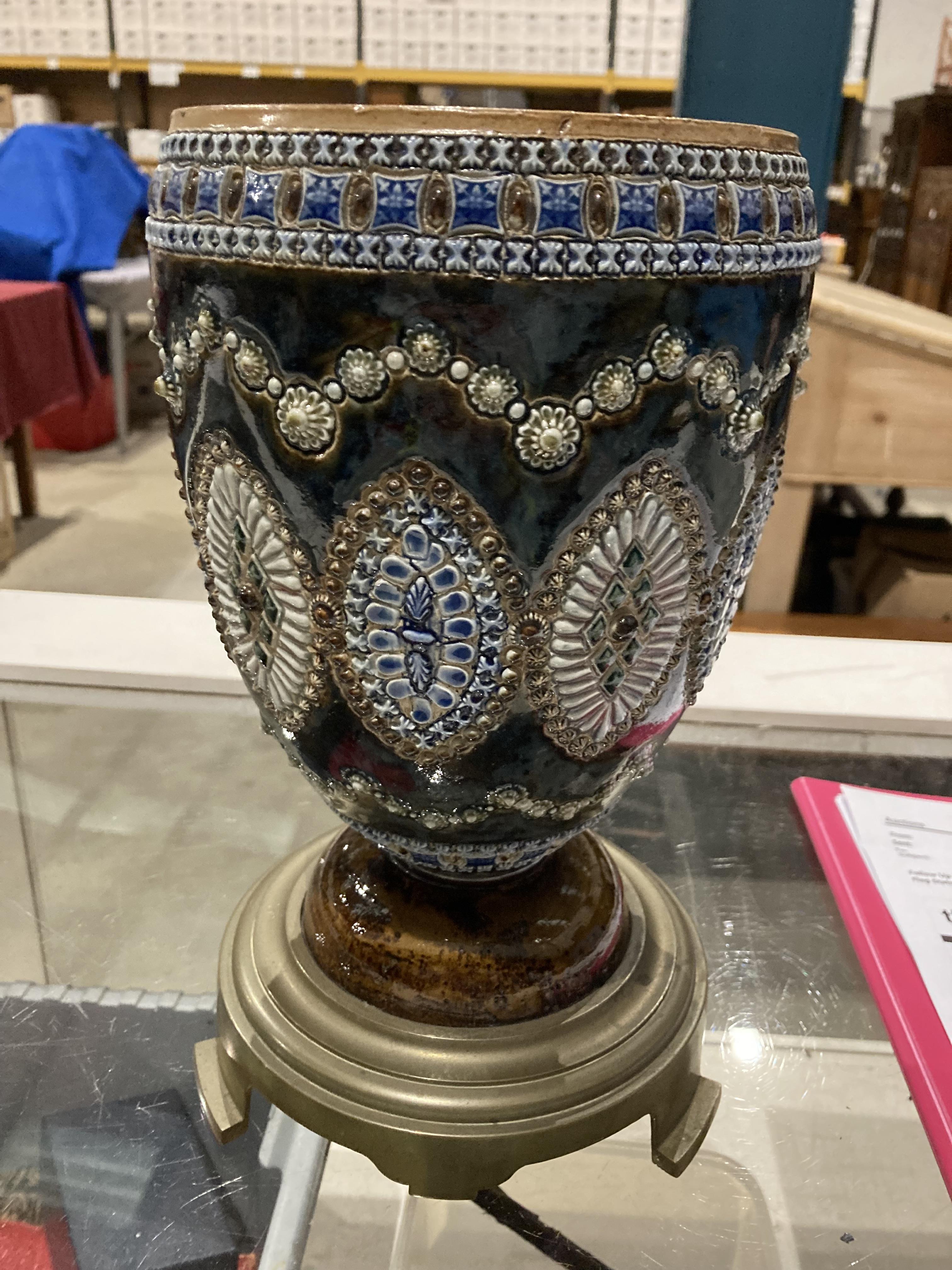 Hink's No 2 Duplex oil lamp on Doulton blue and green glazed column, etched shade and glass funnel, - Image 11 of 17