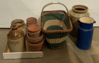 Eighteen assorted items including veg basket, blue and white enamelled small churn, terracotta pots,