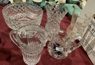 Five pieces of large glassware including large stemmed bowl, jugs and vases, etc.