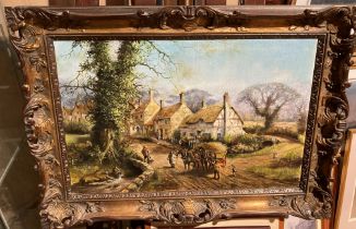 An ornate gilt-framed oil on canvas of a pastoral village scene (indistinct signature) - 50 x 76cm