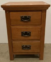 Oak three drawer bedside cabinet size 42cm x 35cm x 61cm high (saleroom location: MA7)