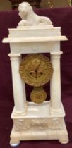 An alabaster portico time piece with gilt finish dial and pendulum - 57cm high complete with key,