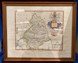 A framed reproduction map Saxon's Map of Northumberland (1576?) 50 x 60cm printed by Taylove Ltd