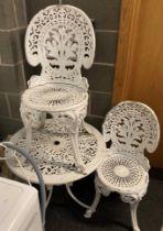 A white painted aluminium circular patio table 70cm dia and two matching chairs (3) (saleroom