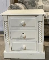 Small white pine painted three-drawer chest/bedside cabinet - 60 x 55cm (saleroom location: MA1)
