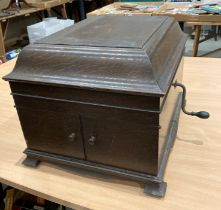 The Gramophone Company Ltd His Masters Voice oak cased table-top gramophone complete with winding