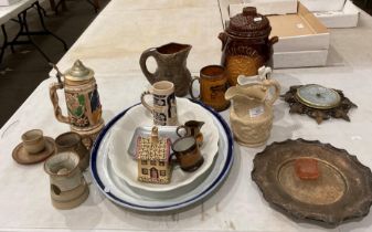 Contents to part table top - small barometer, jugs, plated tray, stein, etc.