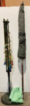 Garden parasol in green and an extendable garden tree washing pole (saleroom location: MA4)