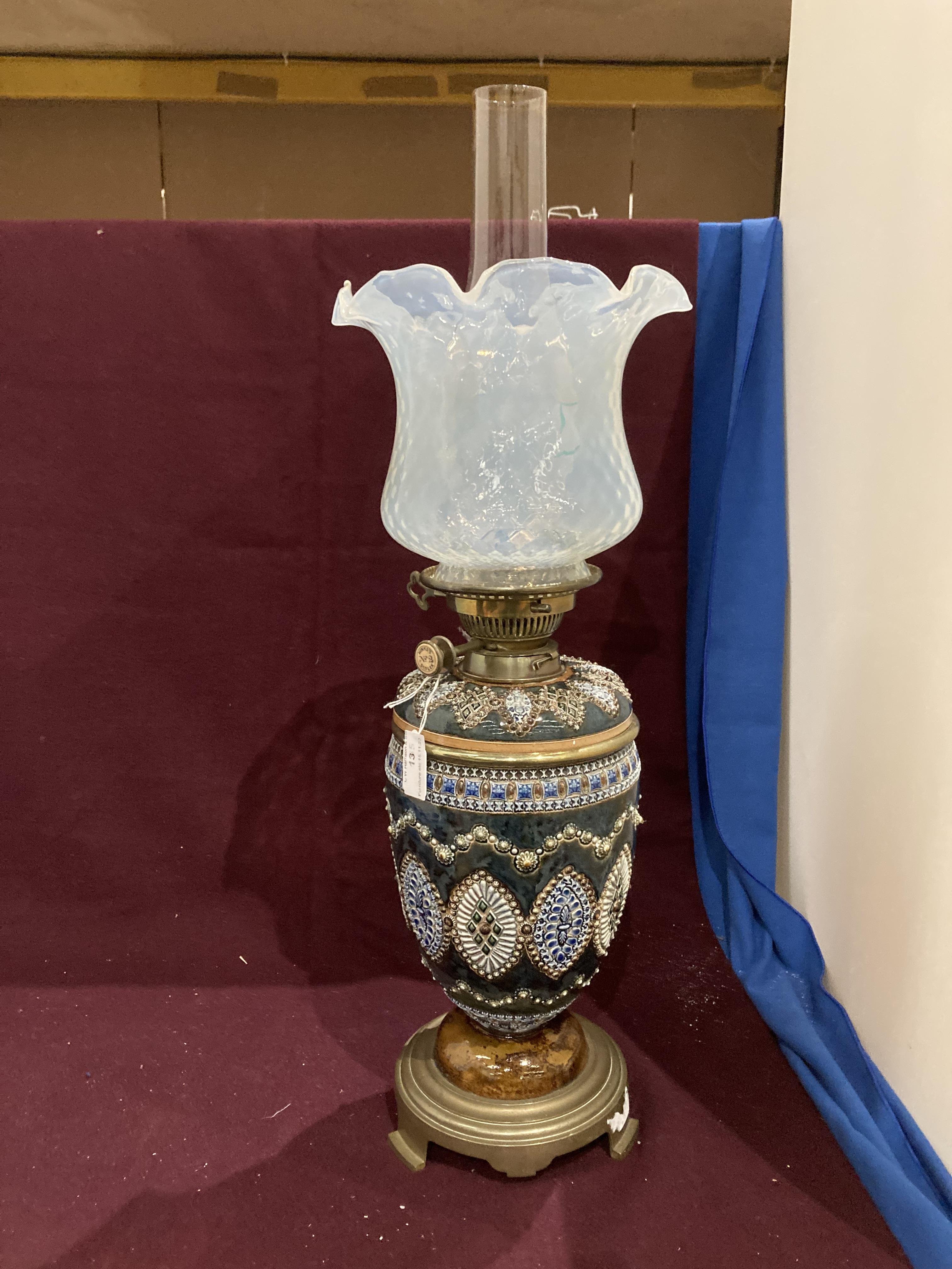 Hink's No 2 Duplex oil lamp on Doulton blue and green glazed column, etched shade and glass funnel, - Image 2 of 17