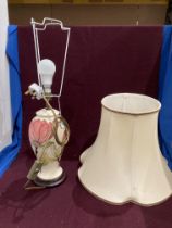 A Moorcroft Magnolia pattern with pink flowers to white back ground table lamp with cream shade -