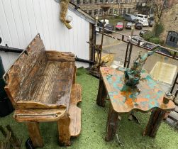 Contents to balcony, two seater wooden bench,
