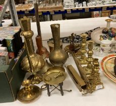 Assorted brass and metal ware - brass bell with wood handle, Indian brass jug, posser, kettle,
