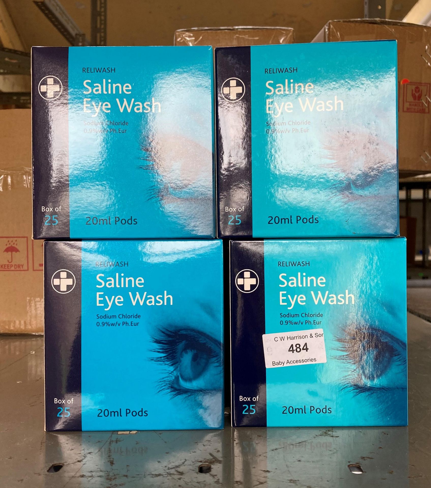 16 x boxes of 25 20ml pods Reliwash saline eye-wash (saleroom location: Sunnybank Street,