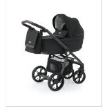 BABY STYLE PRESTIGE ACTIVE BLACK CHASSIS AND GREY CARRYCOT WITH FUR HAND MUFF AND PARASOL RRP£749