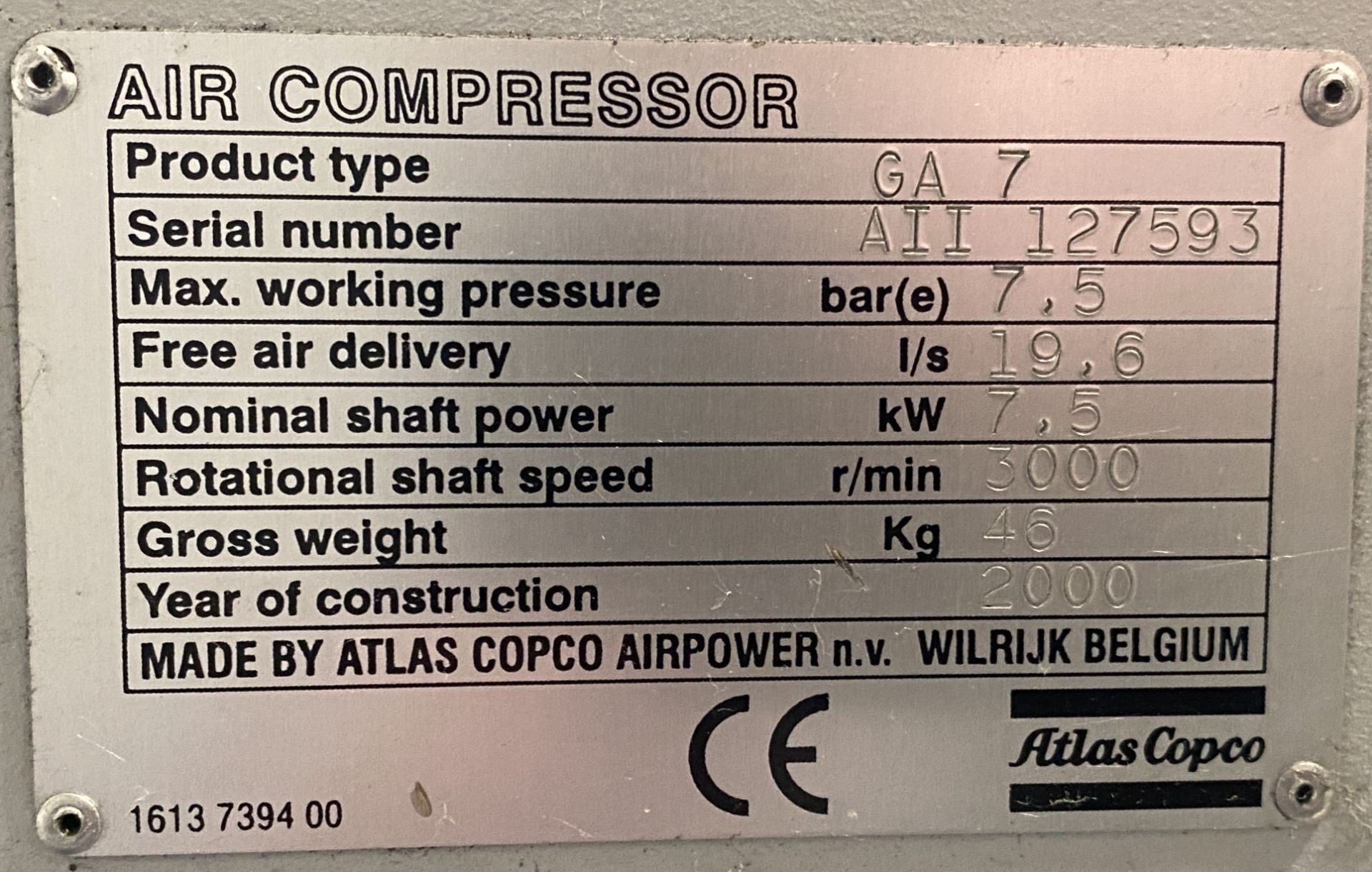 Atlas Copco GA7 air compressor (2000), - Image 5 of 12