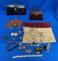 Contents to box - assorted gold coloured chains, silver chrysoprase brooch, assorted earrings,