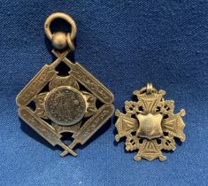 Two silver hallmarked medals including cricket medal dated 1890? Birmingham and fob/medal dated