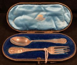 Silver hallmarked commemorative spoon and fork in fitted case dated London 1896 - approximate