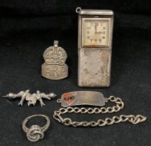 Five assorted silver hallmarked items - sliding cased pocket watch, ARP badge,