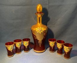 Bohemian cranberry red decanter set made in Italy including six glasses,