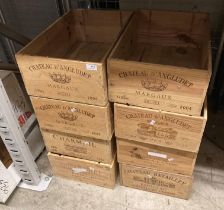 Eight pine twelve bottle wine cases, no lids - Chateau D'Angudet, Chateau Batailley, etc.