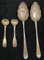 Pair of silver hallmarked Berry spoons and a pair of silver hallmarked mustard spoons - total