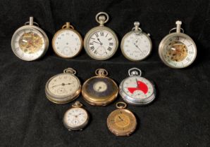 Ten assorted pocket watches including an ornate engraved pocket watch (possibly gold plated),