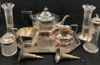 Vintage EPNS 3-piece tea service, EPNS tray, two vintage glass vases with EP base by MW & S,