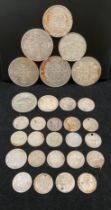 Contents to box - twenty-nine assorted coins including a 1844 Victoria crown, shillings,