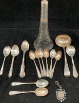 Contents to tub - assorted silver items including a set of six teaspoons, soup serving spoons,