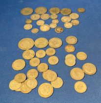 Contents to bag - assorted silver and half silver coins including one-shilling, three pence,