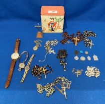 Contents to tin - seven assorted religious prayer necklaces with crosses,