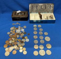 Two vintage money boxes and contents - assorted coins in British, Jersey, German etc including 1.
