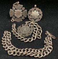 Silver hallmarked fob chain (broken) and three assorted silver hallmarked medals/awards dated 1916,